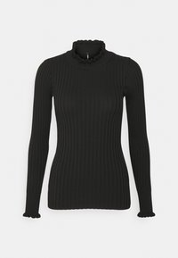 Haut noir à manches longues avec un col haut à volants et des poignets festonnés, conçu en matière douce et extensible pour un look ajusté.