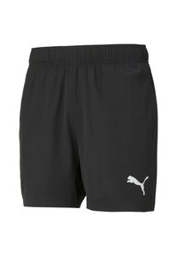 Pantalones cortos deportivos negros hechos de tejido ligero, con una cinturilla elástica y un logo blanco de Puma en el lado izquierdo.