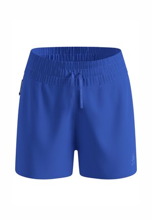 Shorts de sport bleus avec taille élastique, cordon ajustable, poche zippée sur le côté et petit logo sur la jambe gauche.