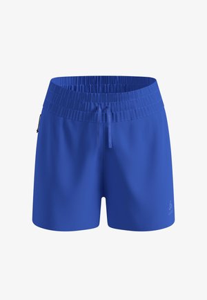 Blaue Sportshorts mit elastischem Bund, verstellbarem Kordelzug, seitlicher Reißverschlusstasche und kleinem Logo am linken Bein.