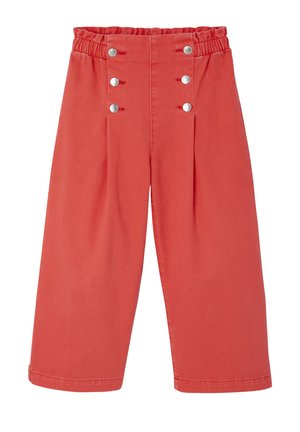 Wide-legged coral pants with elastic waistband and two vertical rows of silver buttons on front.