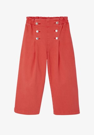 Wide-legged coral pants with elastic waistband and two vertical rows of silver buttons on front.