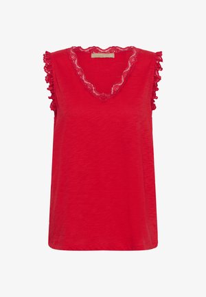 V-nyakú, ujjatlan vörös top csipkés díszítéssel a nyaknál és fodros szélekkel az ujjaknál. Puha, könnyű anyag.