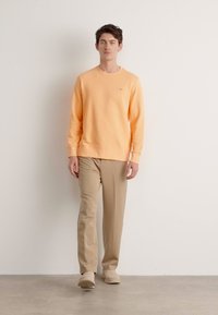 Light orange sweatshirt with a round neck, paired with beige trousers. Model wears light-colored shoes, standing against a neutral background.