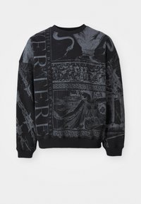 Black sweatshirt made of textured fabric, featuring gray graphic prints, ornate patterns, and bold text elements across the front and sleeves.