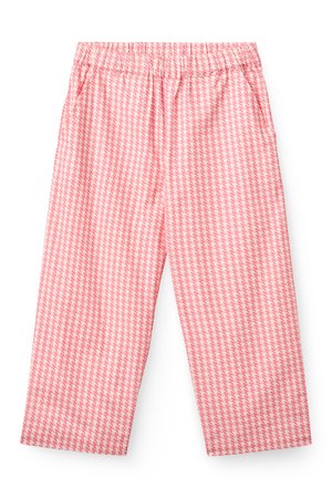 Lyserøde og hvide bukser med hundetandsmønster, elastik i taljen og sidelommer, cropped længde, afslappet pasform.