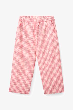 Nohavice s ružovo-bielym vzorom kocky houndstooth, s elastickým pásom a bočnými vreckami, skrátená dĺžka, voľný strih.