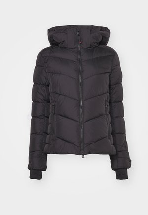 Black puffer jacket with a hood, featuring a zip front, a quilted design with horizontal stripes, and ribbed cuffs.