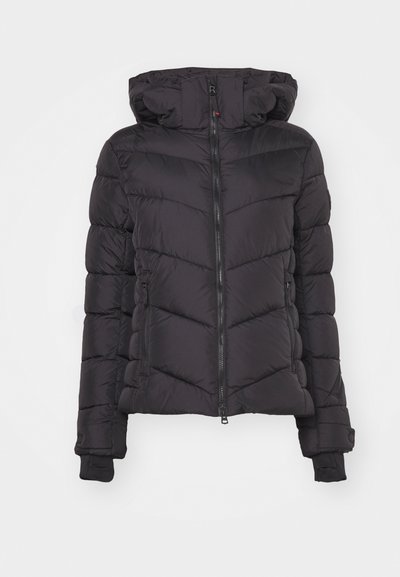 Μαύρο μπουφάν πούφ με κουκούλα, με φερμουάρ μπροστά, κεντημένο σχέδιο με οριζόντιες ρίγες και ριχτές μανσέτες.