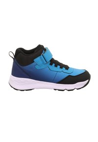 Baskets montantes bleues et noires avec une bride à scratch, des lacets noirs, un col rembourré et une semelle blanche texturée.