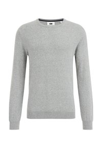 Suéter de cuello redondo gris claro con mangas largas. Hecho de una tela de punto suave. Presenta puños y dobladillo acanalados, con un acabado sutilmente texturizado.