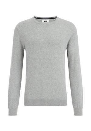 Light grey crewneck sweater with long sleeves. Made of smooth knit fabric. Features ribbed cuffs and hem, with a subtle textured finish.