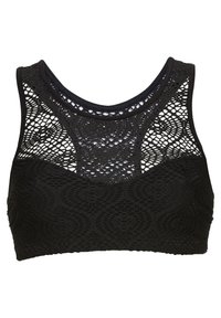 Bralette in pizzo nero con scollatura alta, rete decorata e un morbido elastico solido nella parte inferiore. Tessuto morbido, design senza maniche.