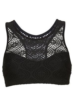 Schwarzer Spitzen-Bralette mit hohem Kragen, aufwendigem gemustertem Netz und glattem, einfarbigem Bund an der Unterseite. Weicher Stoff, ärmelloses Design.