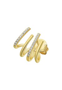 Boucle d'oreille en ton doré présentant trois brins ondulés, ornée de petits cristaux clairs le long d'un bord. Fini lisse et poli.