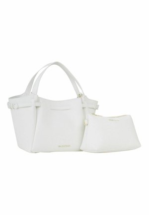 White Valentino handbag with two handles and adjustable side straps, accompanied by a smaller matching white zippered pouch.