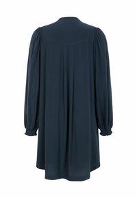 Marineblaues Kleid, lange Puffärmel mit gerafften Manschetten, lockere Passform, glatte Textur, runder Halsausschnitt, plissierter Rückenaufschlag.