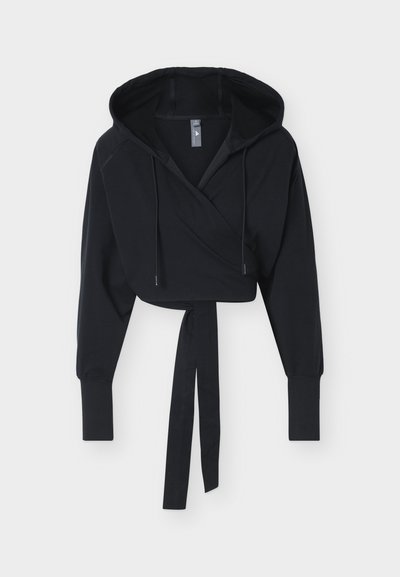 Μαύρο cropped hoodie με μπροστινό τύπου τύλιγμα, μακριά μανίκια, κουκούλα με κορδονάκι και μακρύ υφασμάτινο ζωνάκι που κρέμεται.