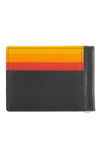 Portafoglio in pelle nera con quattro strisce orizzontali colorate (gialla, arancione, rossa). Presenta cuciture precise e un design compatto.