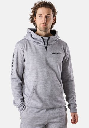 Gray hoodie made of soft fabric with a high neck, front pocket, and drawstring hood. Features "SWEDEMOUNT" logo on the chest and sleeve.