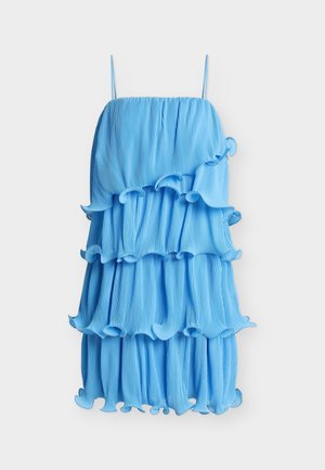 Blue sleeveless dress with narrow straps and layered ruffled pleats creating a textured, flowing look.
