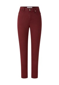 Burgundy, slim-fit pants made of stretch fabric, featuring a button closure, front pockets, and a smooth, matte texture.