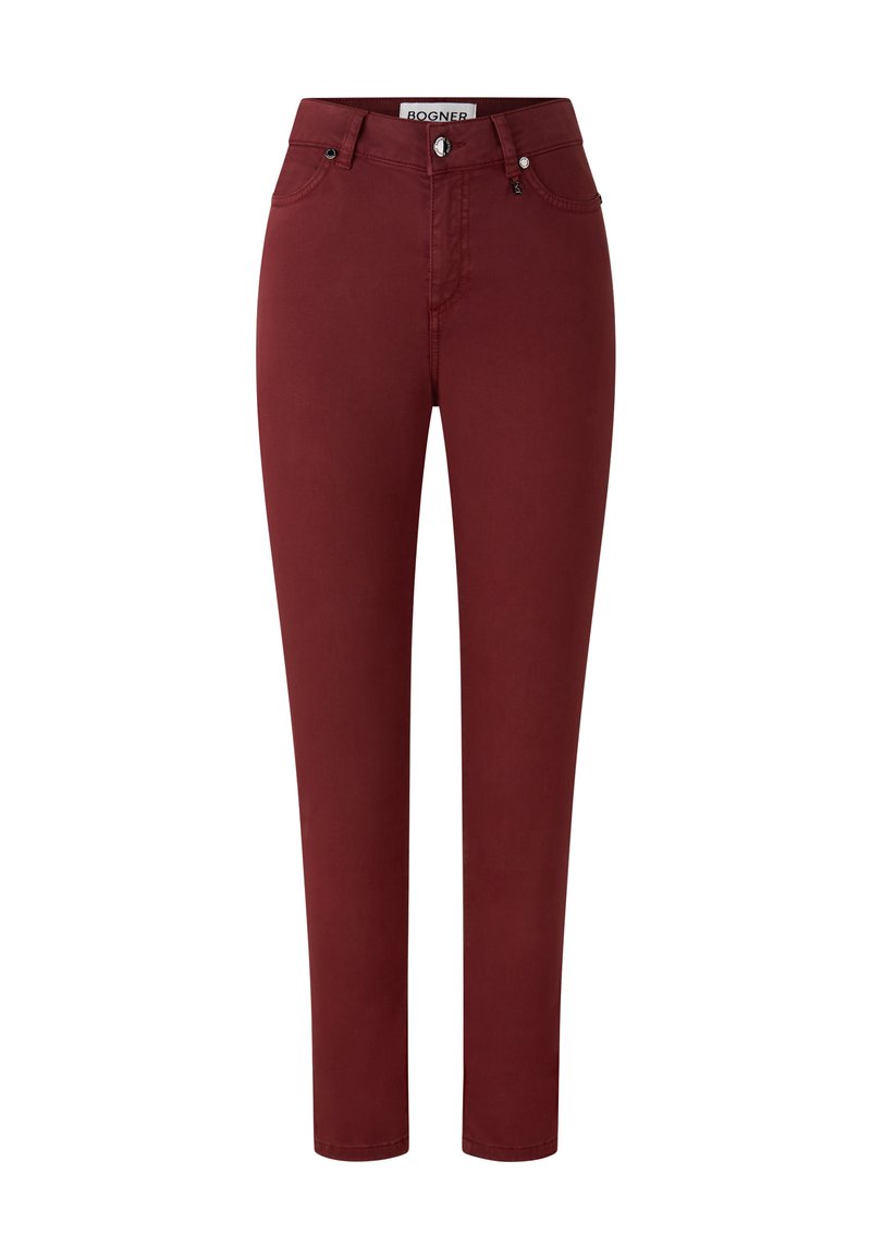 Burgundy, slim-fit pants made of stretch fabric, featuring a button closure, front pockets, and a smooth, matte texture.