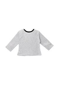 Helles graues Langarm-T-Shirt aus weicher Baumwolle, mit schwarzem Rundhalsausschnitt und einem schlichten, unauffälligen Design.