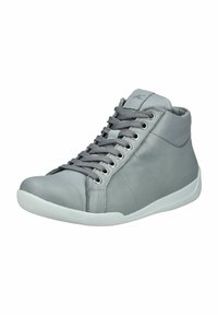 Graue Leder-Halbschuhe mit runder Zehenkappe, Schnürverschluss und weißer Gummisohle; verfügen über gestickte Akzente und einen gepolsterten Schaftrand.