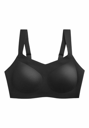 Zwarte naadloze bh met gevormde cups en verstelbare brede schouderbanden, ontworpen voor soepele ondersteuning en comfort.
