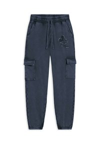 Pantalons de survêtement cargo marine avec taille élastique, cordon de serrage, deux poches latérales et design en relief de Mickey Mouse avec des accents de clous.