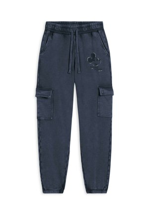 Pantalones cargo de color azul marino con cintura elástica, cordón, dos bolsillos laterales y diseño en relieve de Mickey Mouse con acentos de tachuelas.