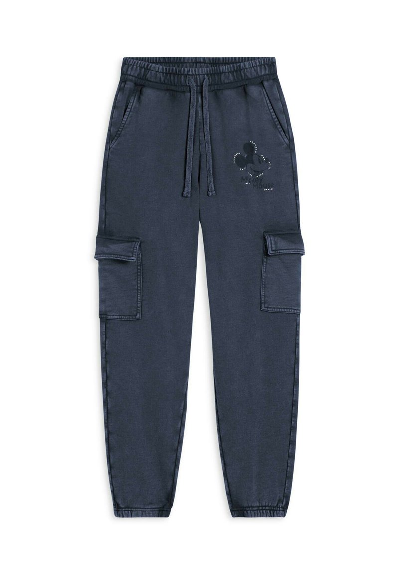 Pantalons de survêtement cargo marine avec taille élastique, cordon de serrage, deux poches latérales et design en relief de Mickey Mouse avec des accents de clous.
