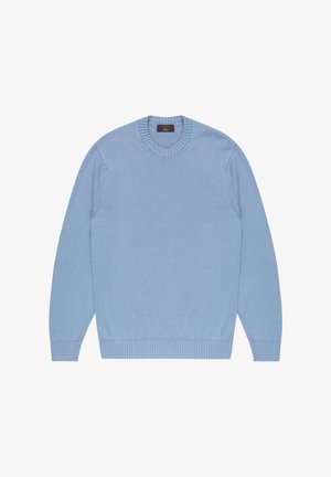 Jasnoniebieski sweter dzianinowy z okrągłym dekoltem, długimi rękawami, ściągaczami przy mankietach i dole. Gładka faktura, minimalistyczne detale i klasyczny fason.