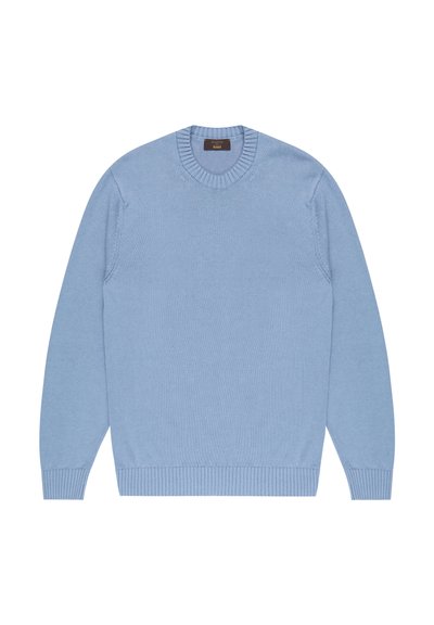Light blue knitted sweater with a crew neck, long sleeves, ribbed cuffs, and hem. Smooth texture, minimal detailing, and classic design.