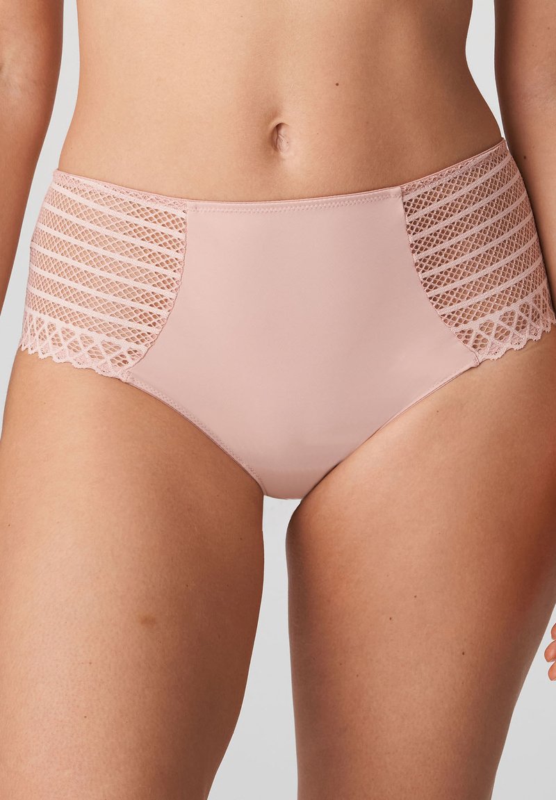 Hög midjebikiniunderdel i mjuk rosa, med nätspetspaneler med ett diamantmönster på sidorna och vågiga spetskanter.