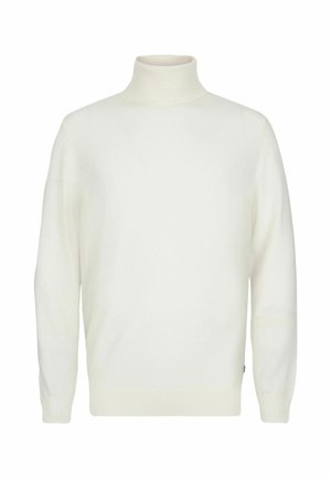 Maglione bianco a maniche lunghe con colletto a dolcevita, polsini e orlo a coste, mostrato su uno sfondo semplice.