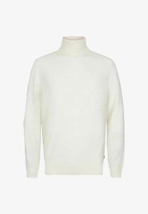 Biała, długorękawowa sweter z golfem, z prążkowanym kołnierzem, mankietami i dolnym wykończeniem, przedstawiony na jednolitym tle.