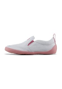 Light gray slip-on shoe with pink rubber sole and accents. Fabric upper with elastic panels for fit. Rounded toe and lightweight design.