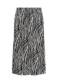 Falda de estampado de cebra en blanco y negro con líneas onduladas abstractas, diseño de longitud media, hecha de una tela suave sin cierres visibles.