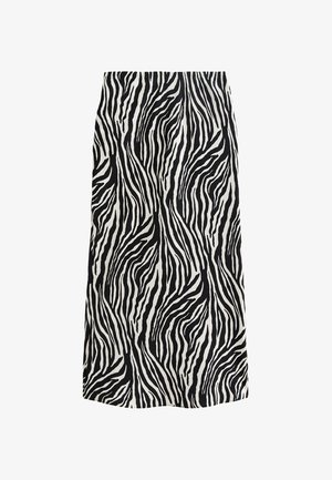 Schwarzer und weißer Zebra-Print-Rock mit abstrakten, geschwungenen Linien, mittellanges Design, aus einem glatten Stoff gefertigt, ohne sichtbare Verschlüsse.