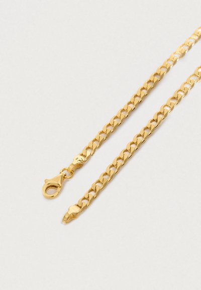 Χρυσή αλυσίδα με ενωμένους κρίκους. Λεία, λαμπερή υφή, με κούμπωμα-καβουράκι. Απλός σχεδιασμός χωρίς επιπλέον σχέδια ή λεπτομέρειες.