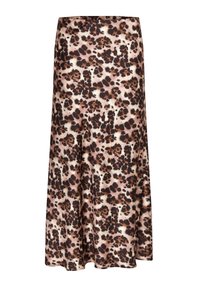 Leopardprint midi-jurk met bruine, zwarte en beige onregelmatige vlekken, gemaakt van een zachte, vloeiende stof met een lichte uitlopend effect aan de zoom.