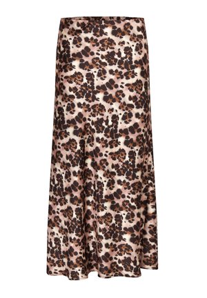 Gonna midi con stampa leopardata, caratterizzata da macchie irregolari marroni, nere e beige, realizzata in un tessuto morbido e fluido, con una leggera gonna svasata all'orlo.