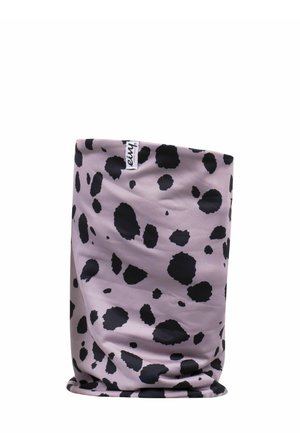 Light pink neck gaiter with black abstract spots, made of stretchy fabric. Features a smooth texture and a sewn tag.