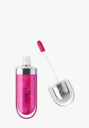 Glanzende roze glitter lipgloss met zilveren dop en applicatorstaaf met getextureerde punt, gebrandmerkt KIKO MILANO op de verpakking.