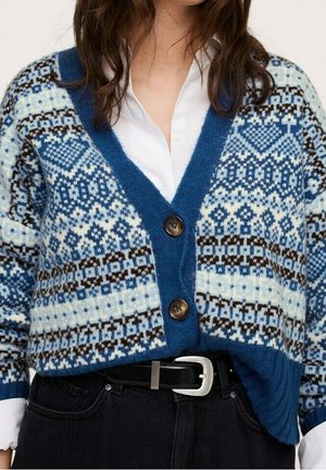 Vrouw die een blauw gebreid cardigan met patroon en grote knopen draagt over een wit overhemd, gecombineerd met een zwarte broek en een zwarte riem met een zilveren gesp.