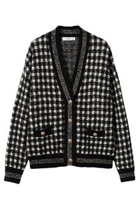 Cardigan à carreaux noir et blanc avec manches longues, col en V, boutons à l'avant et deux poches avant avec des boutons dorés.