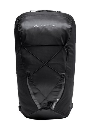 Schwarzer Rucksack mit einem schlanken, kompakten Design, ausgestattet mit einem strukturierten Stoff, externen Bungee-Kordeln für zusätzlichen Stauraum und einem Reißverschluss.