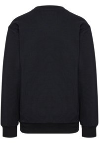 Svart sweatshirt med rund halsringning, långa ärmar och ribbade muddar och nederkant. Slät textur utan synliga logotyper eller mönster.
